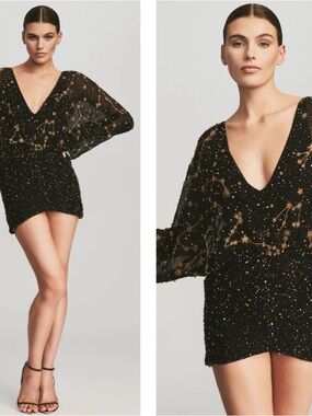 RETROFETE Gemini Beaded Crystal Embellished Long Sleeve Ruched Mini Dress Sz S